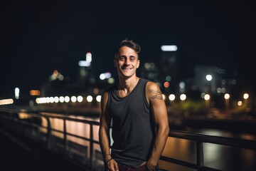 Lifestyle portrait photography of a grinning man in his 30s wearing knee-length shorts against a nighttime city background. Generative AI