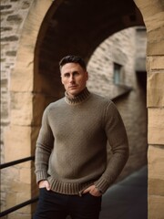 Fototapeta na wymiar Portrait of a handsome man in a sweater on the background of stone walls