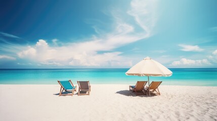 Fototapeta na wymiar Amazing sea landscape, romantic paradise, Holidays background. Four beach lounge chairs under tent on beach. Generative AI.