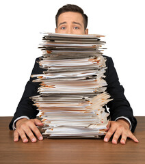 Portrait of a Worried Employee Behind a Stack of Documents