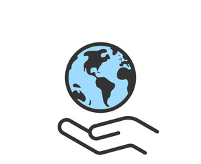 Hand holding planet earth. World environment conservation linear icon. Human protect nature. Save the planet.