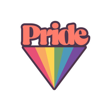 Pride Text with rainbow flag badge. LGBT symbol. Gay, Lesbian, Bisexual, Trans, Queer love symbol of diversity.