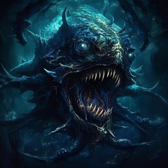 scary deep sea monster with open mouth and sharp teeth