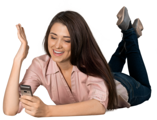 Friendly Young Woman Lying Down and Texting on Phone  - Isolated