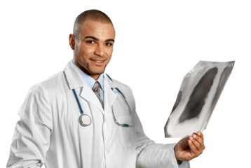 Portrait of young handsome man doctor holding x-ray isolated on white background