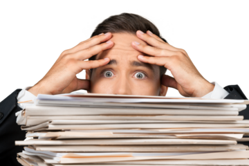 Closeup of a Worried Employee Behind Stack of Folders