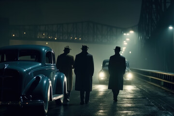 Gangsters meet at a deal at night on a bridge in 1930s America. AI Generation 