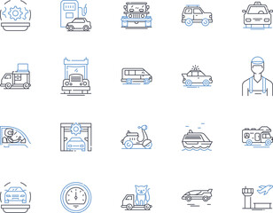 RV line icons collection. Camper, Motorhome, Trailer, Adventure, Roadtrip, Caravan, Wanderlust vector and linear illustration. Campsite,Exploration,Nomad outline signs set