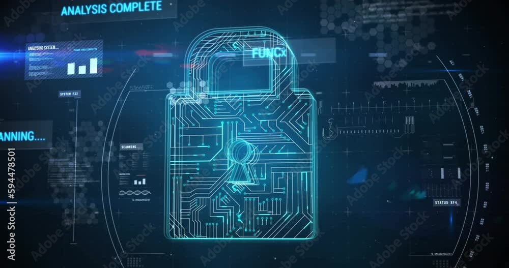 Poster animation of padlock, data processing and text over scope