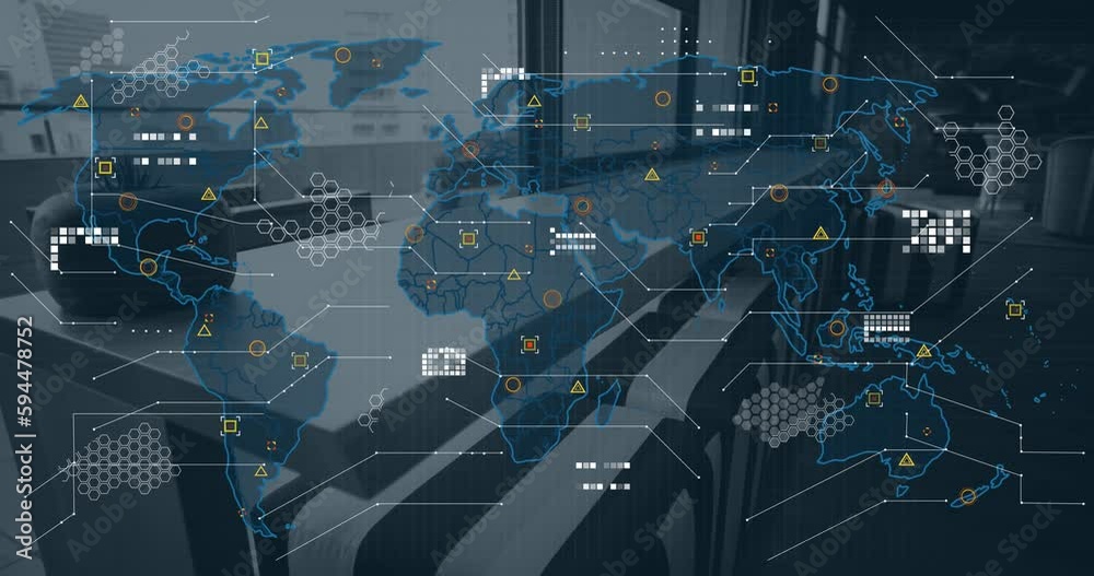 Poster animation of world map and data processing over office