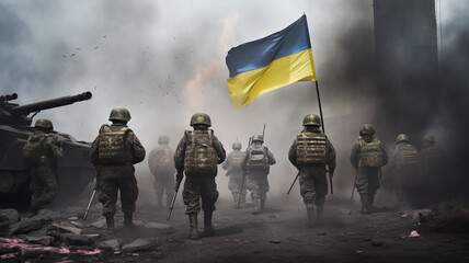 Defender of Ukraine: A Brave Soldier Standing Proudly with the Ukrainian Flag - obrazy, fototapety, plakaty