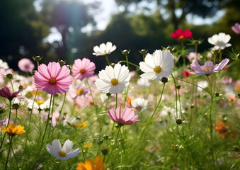 A field of cosmos flowers bathed in the warm glow of the morning sun, showcasing delicate petals in shades of pink and white against a dappled backdrop