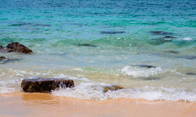 Landscape summer front view  tropical sea beach rock blue white sand background calm Nature ocean Beautiful wave crash splashing water travel Nang Ram Beach East thailand Chonburi Exotic horizon.