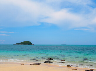 Landscape summer front view  tropical sea beach rock blue white sand background calm Nature ocean Beautiful wave crash splashing water travel Nang Ram Beach East thailand Chonburi Exotic horizon.