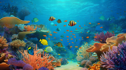 Fototapeta na wymiar coral reefs with lots of tropical fish - generative ai