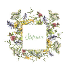 Frame with watercolor wild flowers. Yarrow, lungwort and clover, tansy isolated on white background. Wedding invite. Summer or spring banner template for poster. Hand-drawn art with copy space