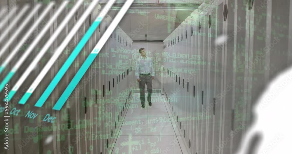 Poster animation of data processing with globe over caucasian male it engineer and computer servers