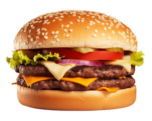 Double burger in transparent background. Generative AI.