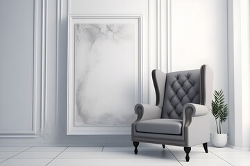 a grey armchair and frame sitting next to white walls - generative ai
