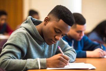 Young black man student taking notes in class at school, high quality generative ai