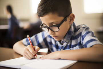 Naklejka na ściany i meble Young boy with glasses taking notes in class at school, high quality generative ai