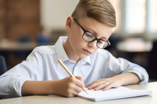 Young boy with glasses taking notes in class at school, high quality generative ai