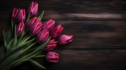 a bouquet of pink tulips with wooden background - generative ai
