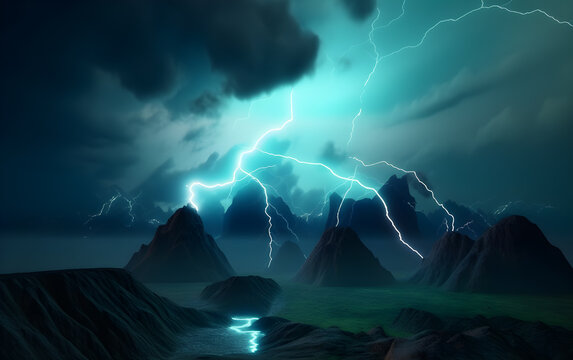 Abstract landscape background with neon lightning - generative ai