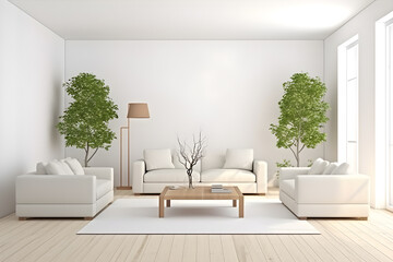 Fototapeta na wymiar white living room area furniture interior, in the style of highly detailed foliage, neo-geo minimalism - generative ai