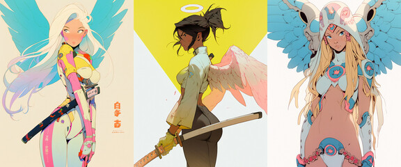 Portrait of anime samurai angel girls in a bikini. Illustration in the retro style film. White background, collection