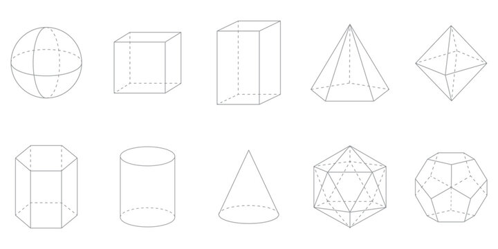 3D geometric shapes. Square, Cube, Cuboid, Pentagonal pyramid, Octahedron, Hexagonal prism, Cylinder, Cone, Icosahedron and Dodecahedron shapes. Vector illustration isolated on white background.