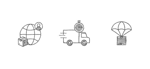 Watercolor Style Delivery Icons: International Delivery, Free Timely Shipping, Airdrop, and Parachute Delivery. Vector Icons.