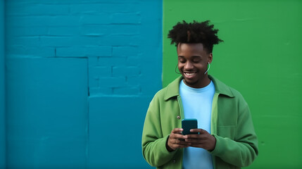 A happy and smiling African American man using his smartphone - obrazy, fototapety, plakaty
