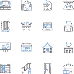 Bungalow line icons collection. Cozy, Rustic, Retreat, Secluded, Serene, Charming, Vintage vector and linear illustration. Relaxing,Peaceful,Tranquil outline signs set