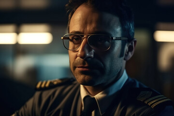 portrait of a confident man captain pilot of airplane at airport. Generative AI