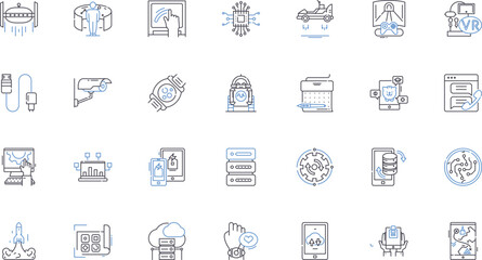 Implement machinery line icons collection. Automation, Mechanize, Manufacturing, Production, Assembly, Robotics, Efficiency vector and linear illustration. Innovation,Technical,Industrial outline
