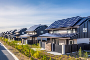 Newly constructed homes with solar panels on the roof on a sunny day High quality generative ai - obrazy, fototapety, plakaty