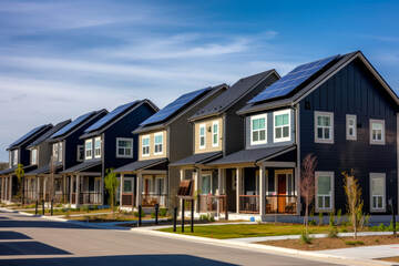 Newly constructed homes in a row with solar panels on the roof on a sunny day. High quality generative ai