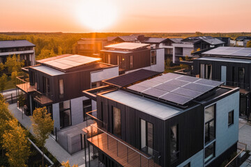 Newly constructed modern houses with solar panels on the roof, at a sunset. High quality generative ai