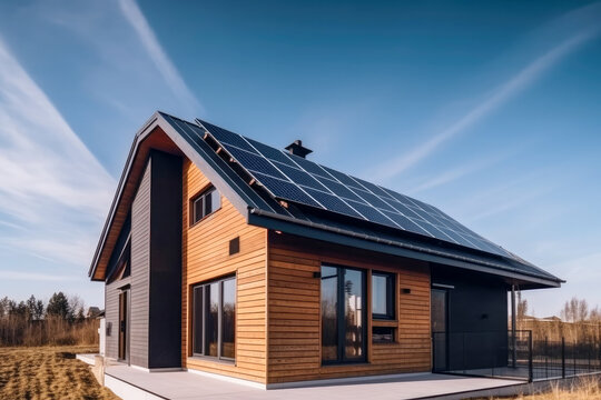 Newly constructed passive house with solar panels on the roof on a sunny day. High quality generative ai