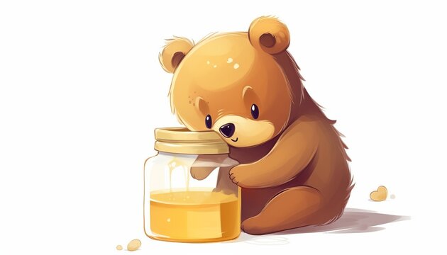 Cartoon baby bear sitting and eating honey on a white background ai, ai generative, illustration