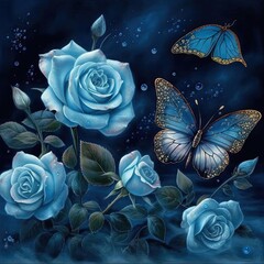 Diamond painting roses with butterflies in a blue night sky Generative Ai