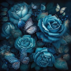 Fototapeta na wymiar Diamond painting roses with butterflies in a blue night sky Generative Ai