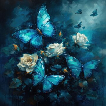 Diamond painting roses with butterflies in a blue night sky Generative Ai