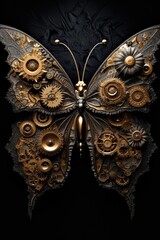 Gold butterfly with flowers in black background Generative Ai
