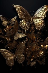 Plakat Gold butterfly with flowers in black background Generative Ai