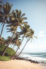 Palm trees by ocean beach in Hawaii. Generative AI Vertical shot