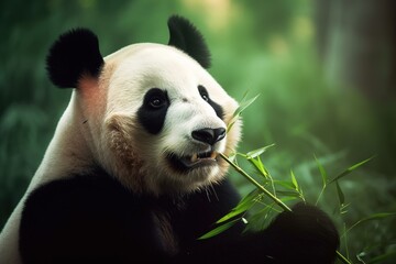 Obraz premium Giant panda eating bamboo in his natural wild environment. Generative AI