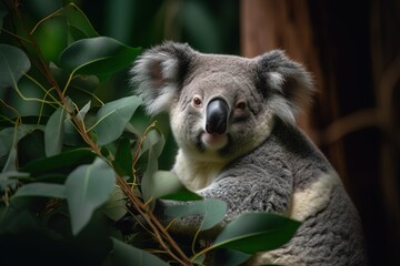 Fototapeta premium Koala eating from eucalyptus tree and looking at camera curiously. Generative AI