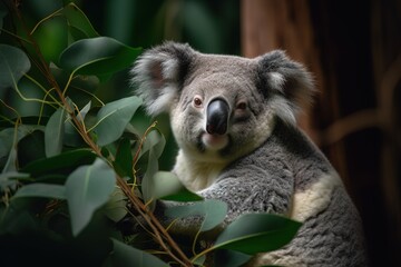 Koala eating from eucalyptus tree and looking at camera curiously. Generative AI